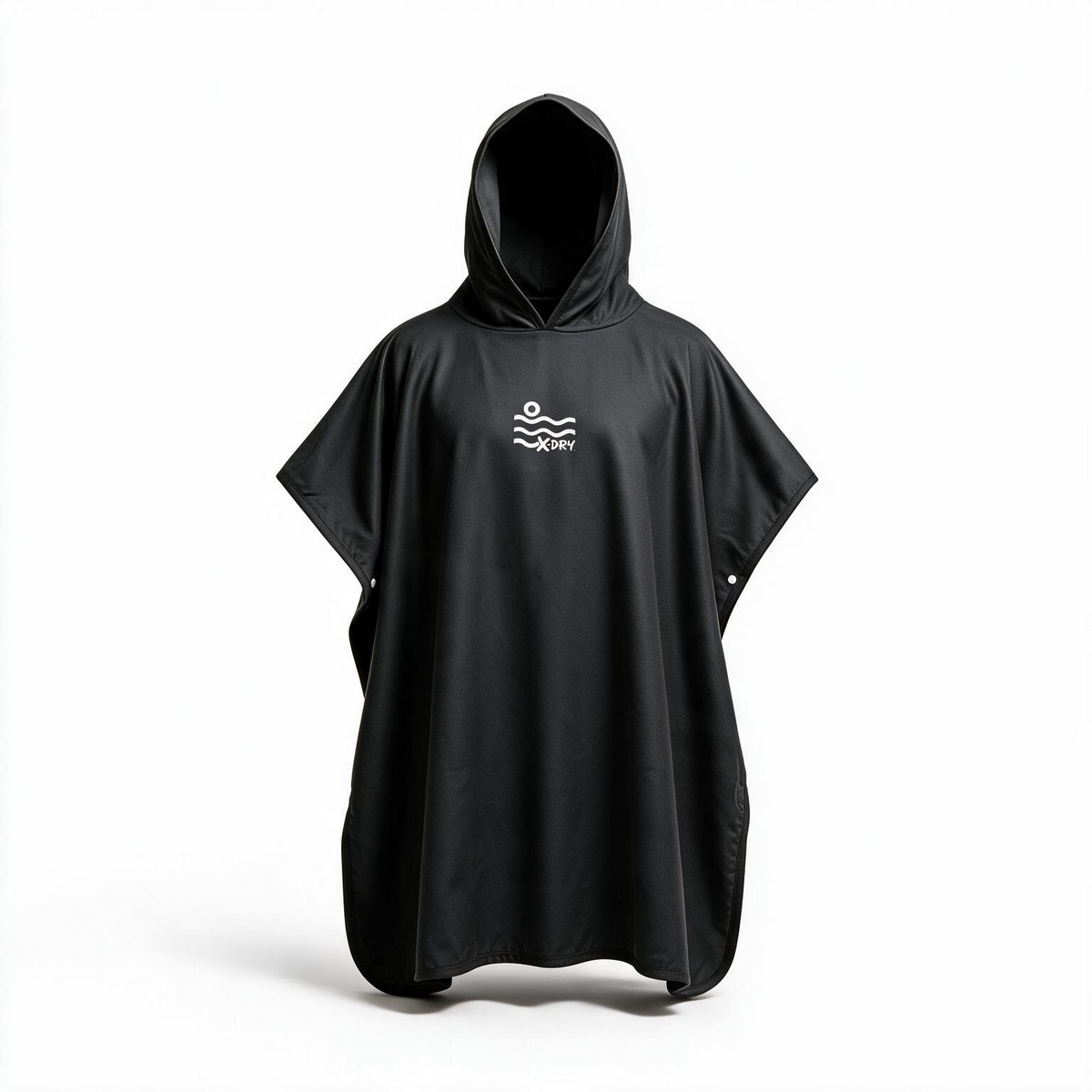 A black hooded poncho with a white wave logo on the chest, displayed on a white mannequin against a plain white background.