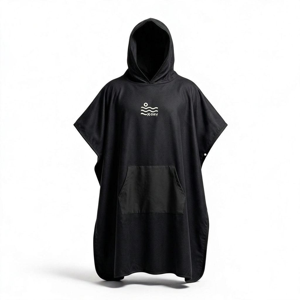 All-black poncho with white logo in reference-guided 3D form