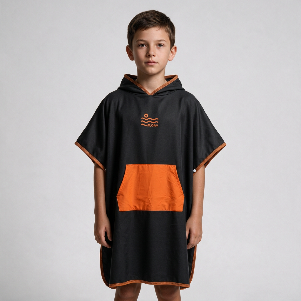 Black and orange poncho on boy