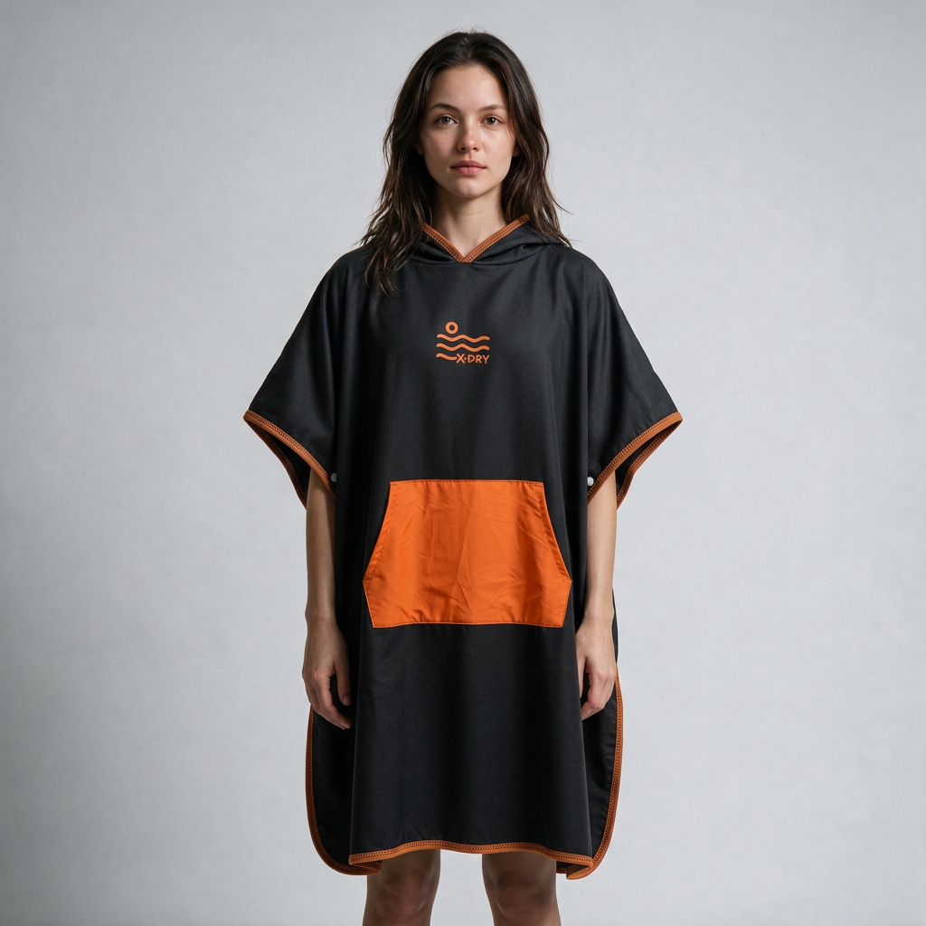 Black and orange poncho on dark-haired woman