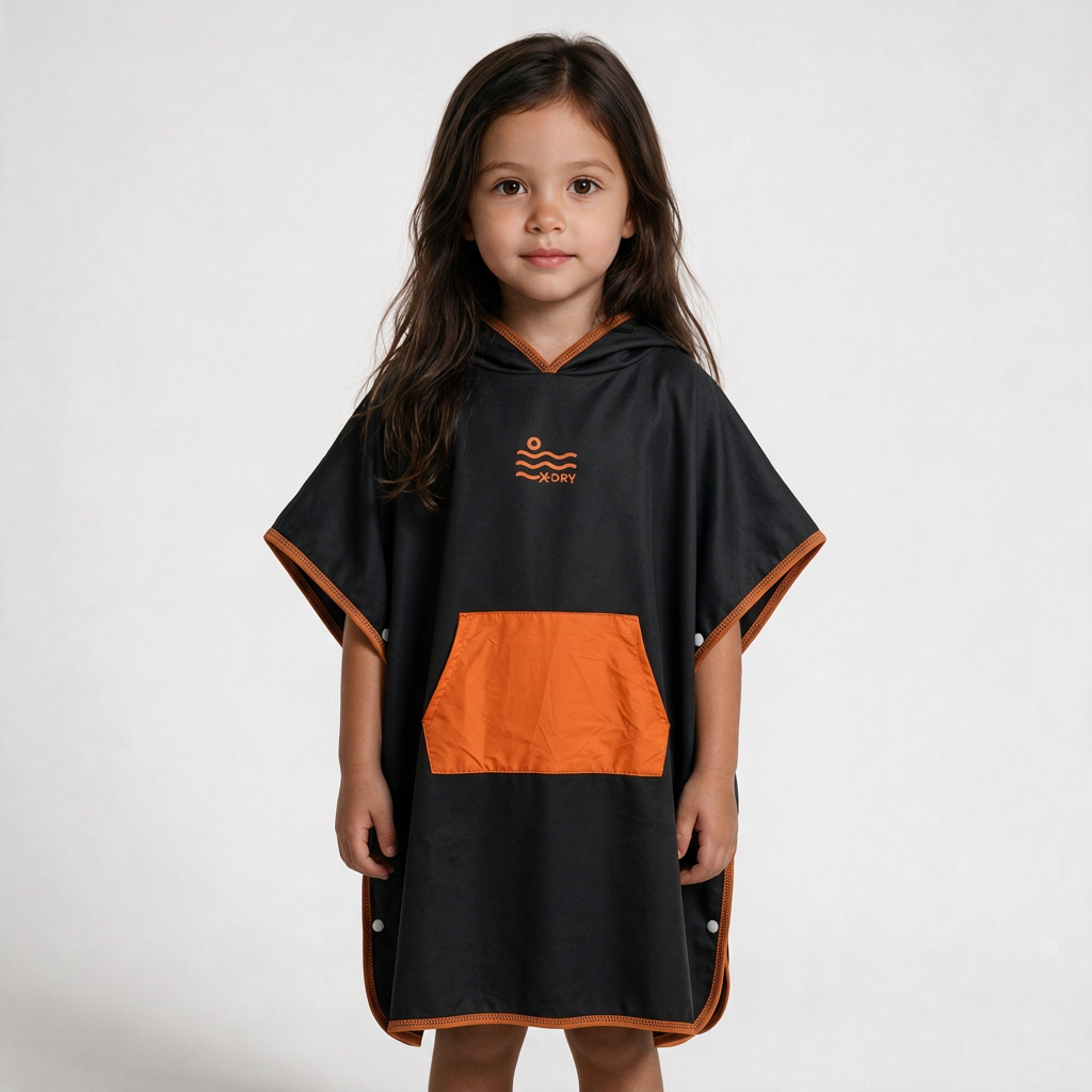 Black and orange poncho on little dark-haired girl