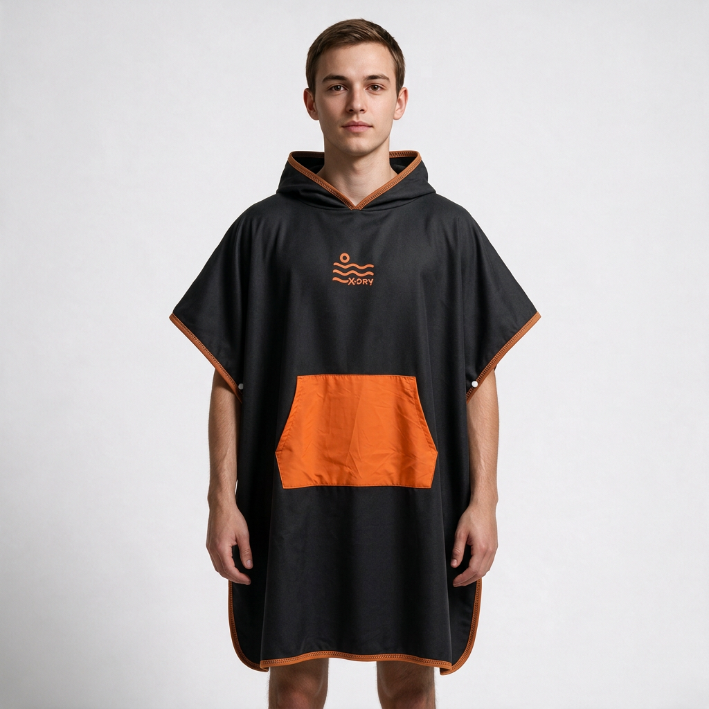 Black and orange poncho on man