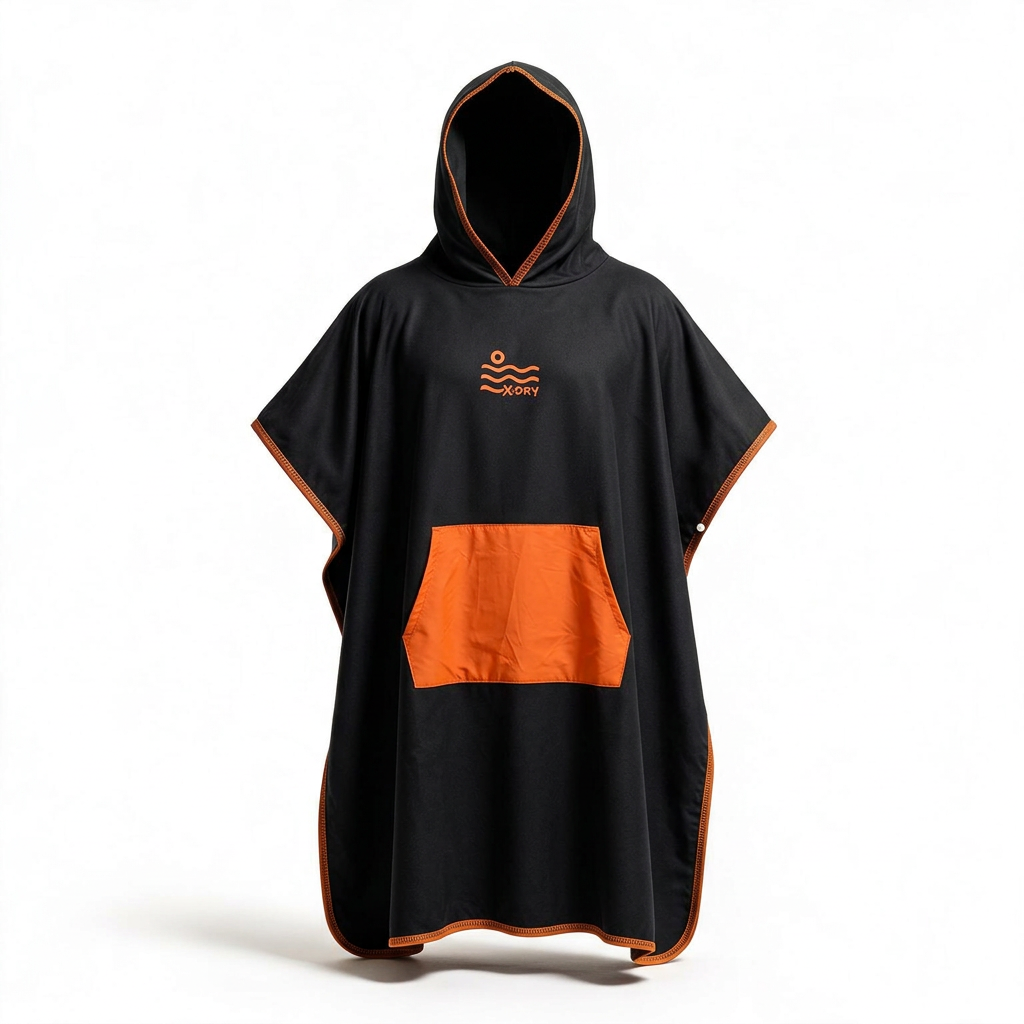 Black poncho with orange pocket in reference-guided 3D form