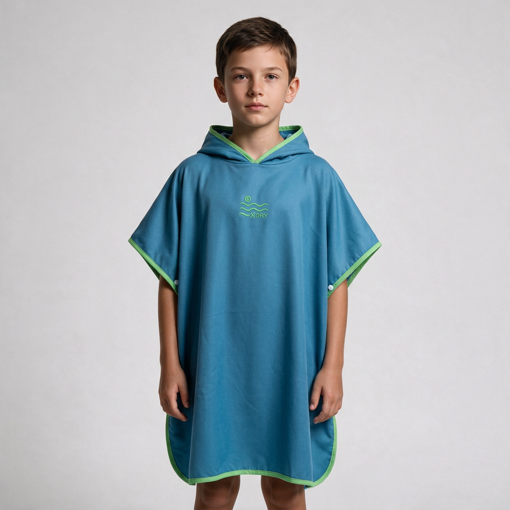 Blue and green pocket-free poncho on boy