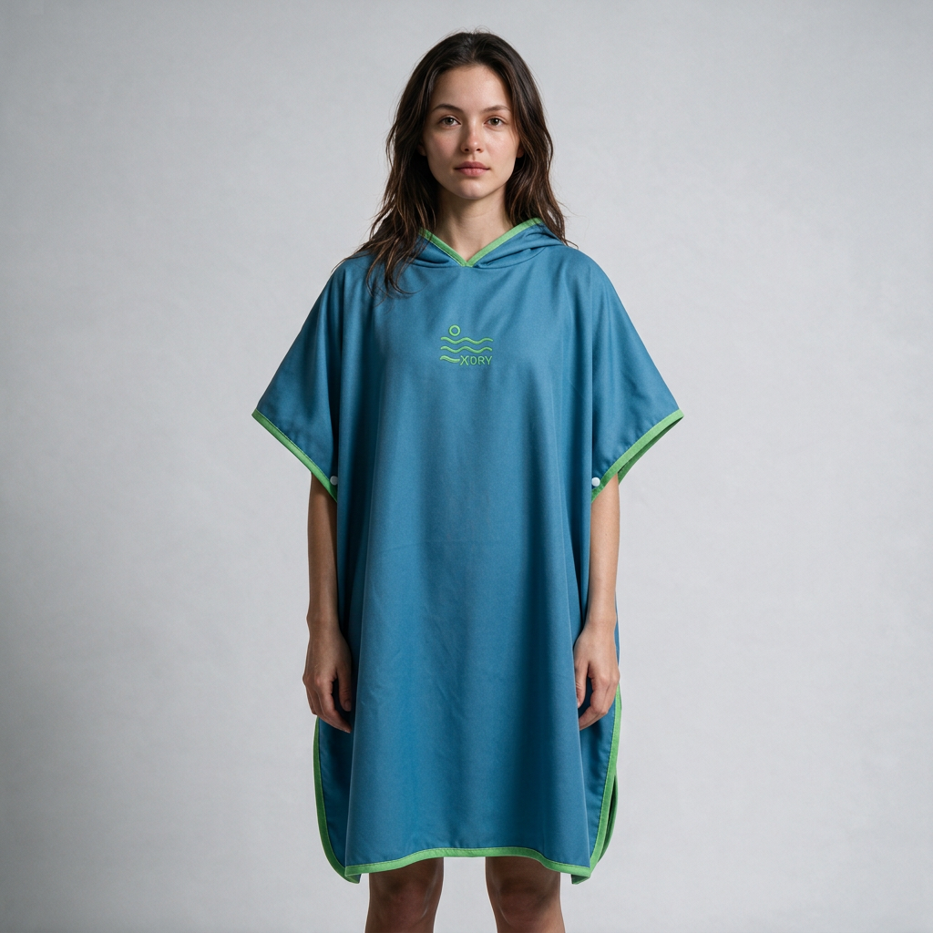 Blue and green pocket-free poncho on dark-haired woman