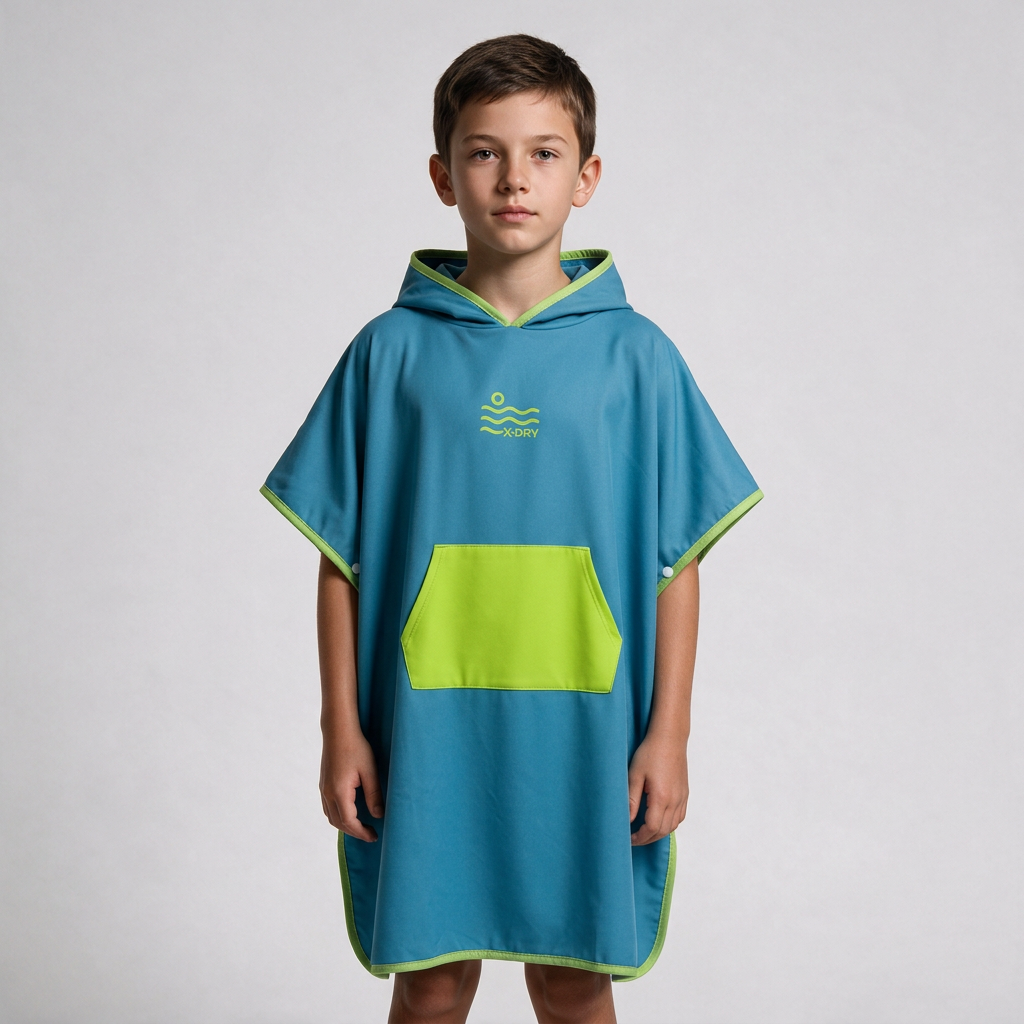 Blue and lime poncho on boy