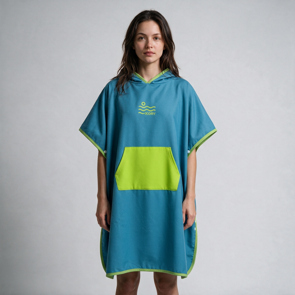 Blue and lime poncho on dark-haired woman