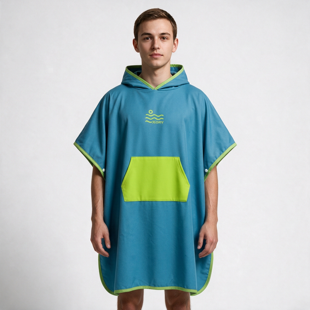 Blue and lime poncho on man