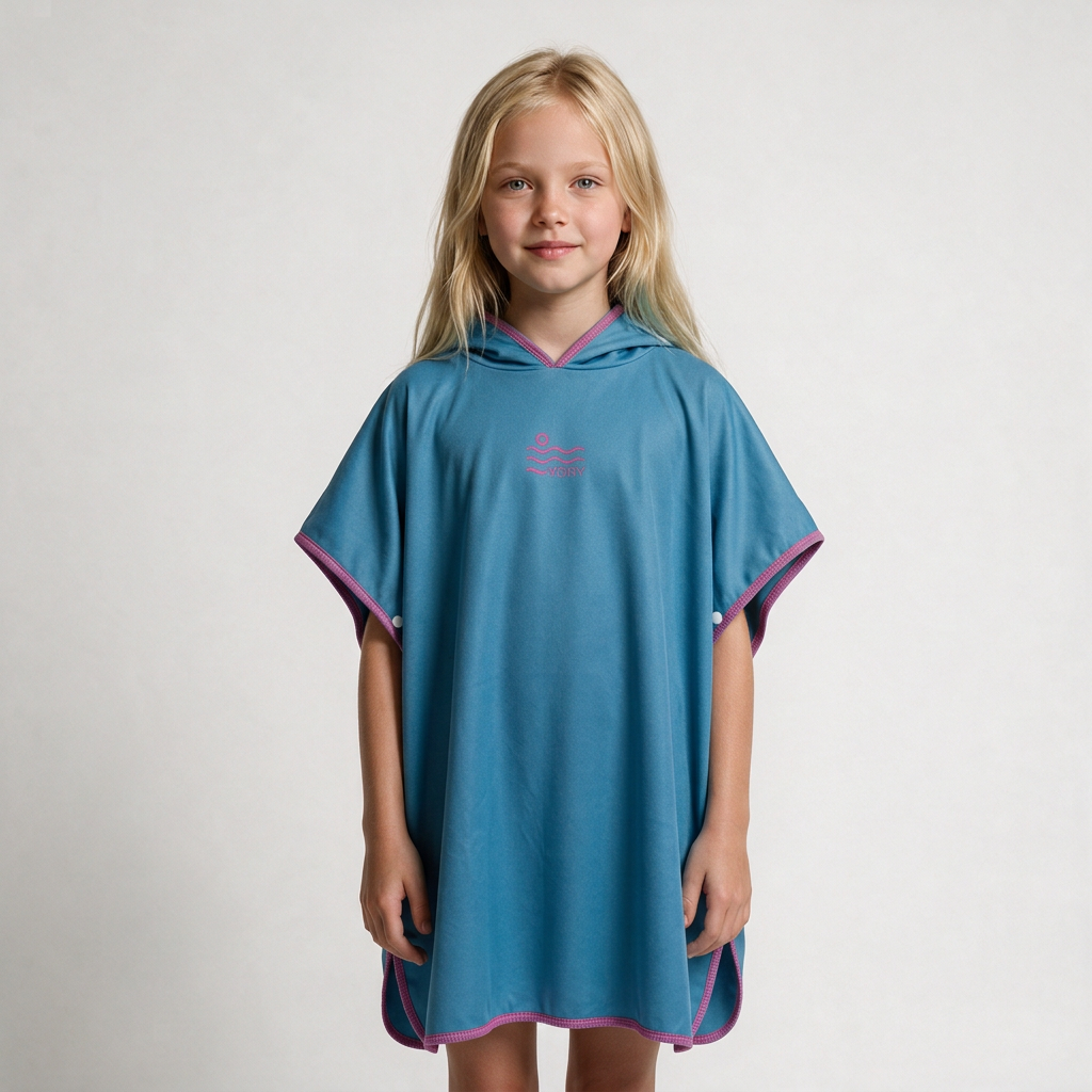 Blue and pink pocket-free poncho on blonde girl