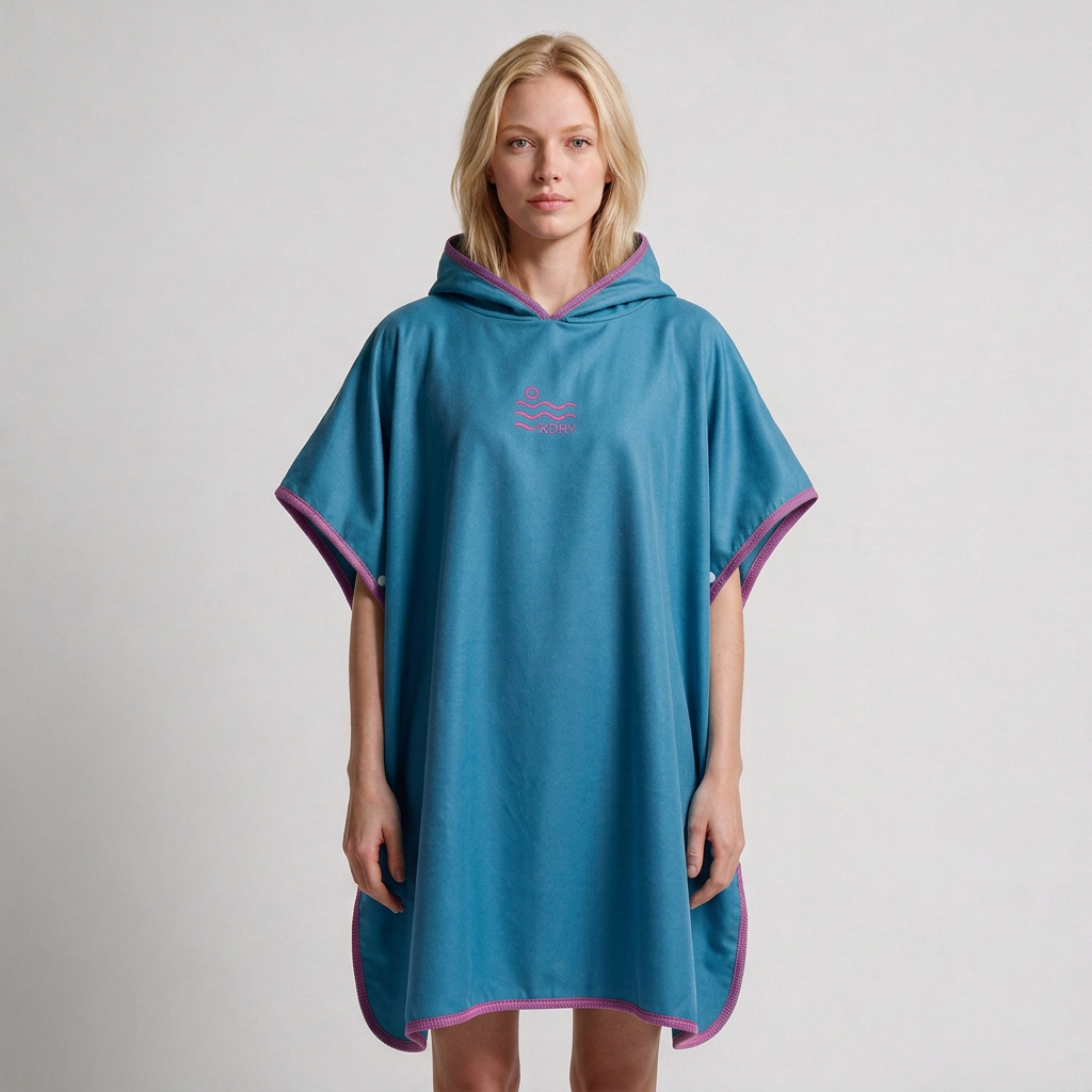 Blue and pink pocket-free poncho on blonde woman