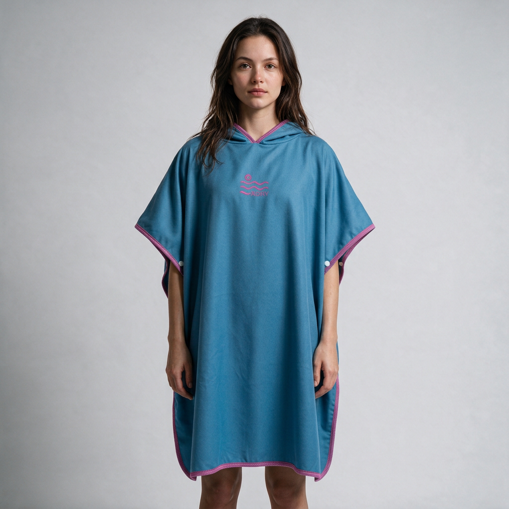 Blue and pink pocket-free poncho on dark-haired woman
