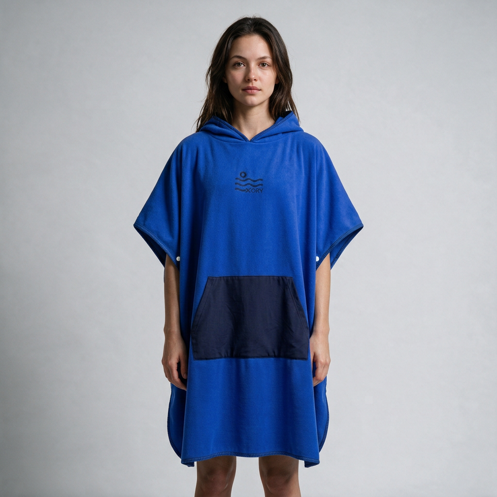 Blue poncho fabric-reference regeneration, dark-haired woman