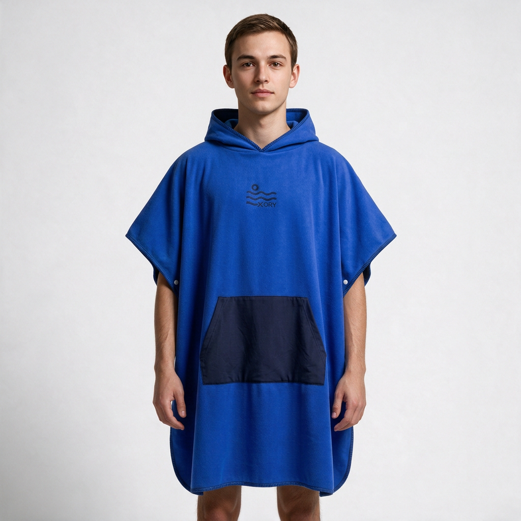 Blue poncho fabric-reference regeneration, man