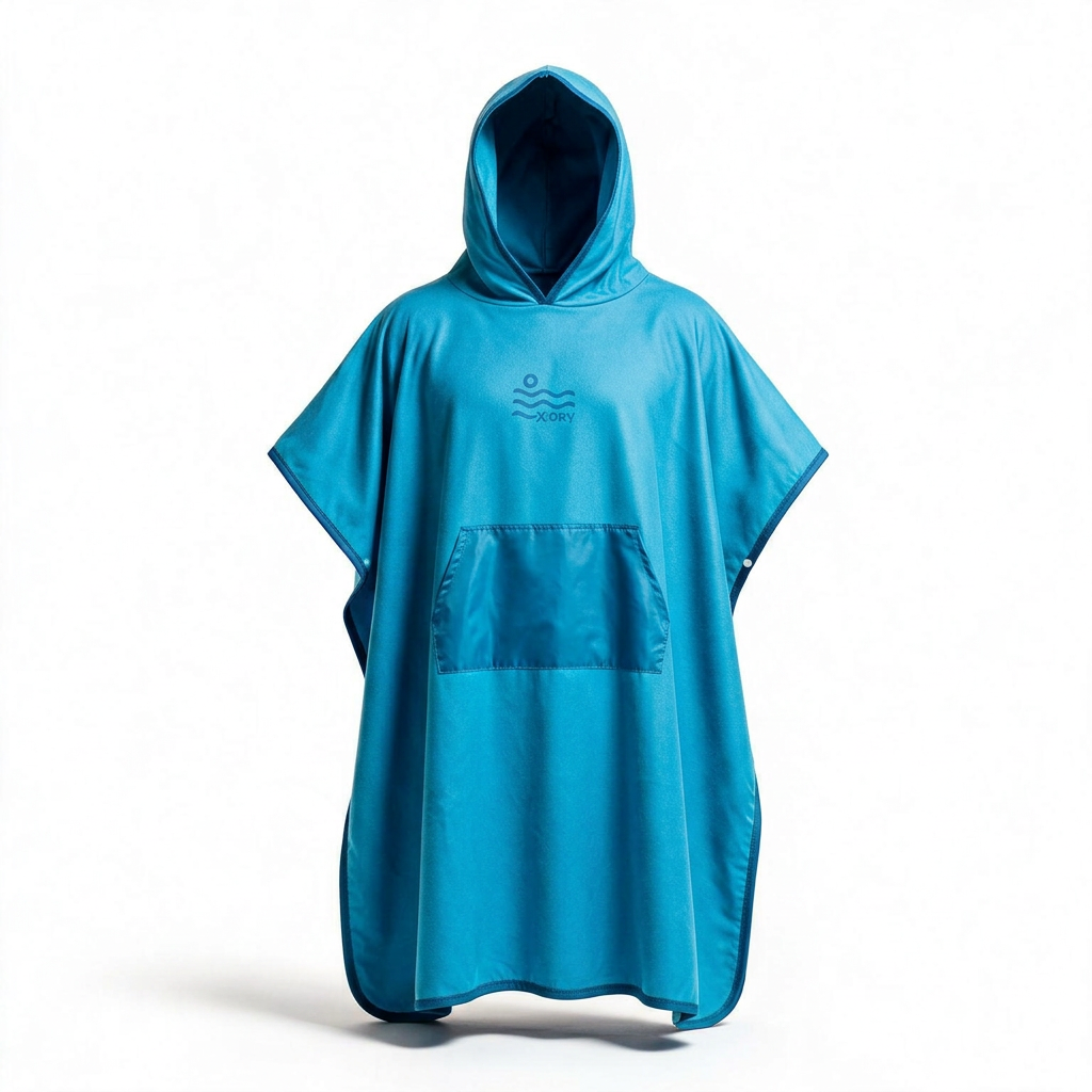Blue poncho with darker blue pocket in reference-guided 3D form