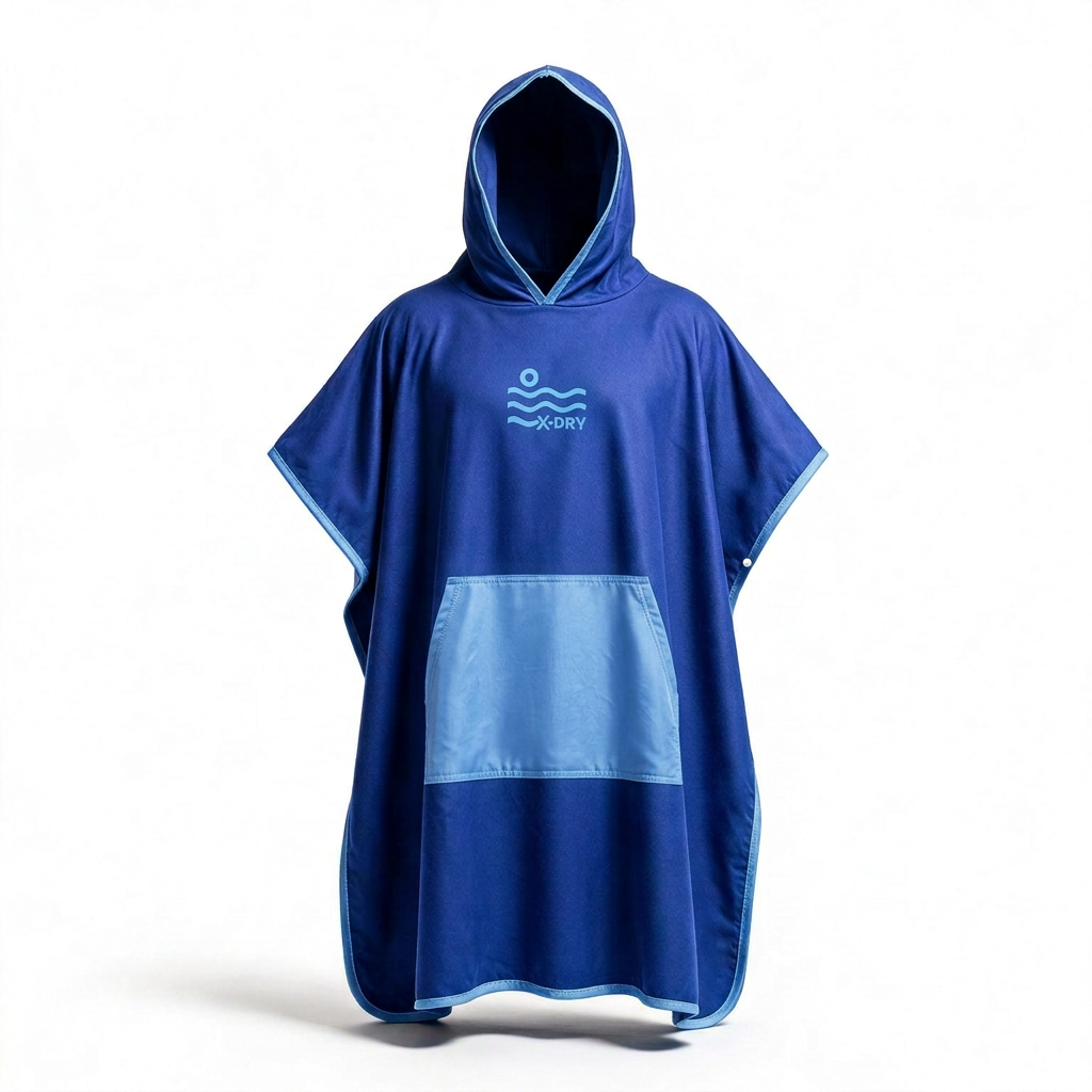 Blue poncho with light pocket wrinkle retouch