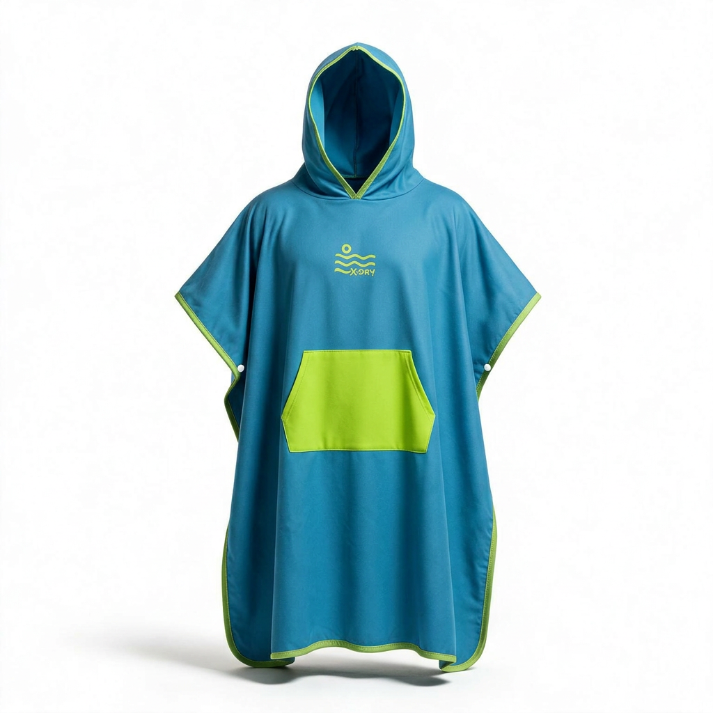Blue poncho with lime pocket in reference-guided 3D form