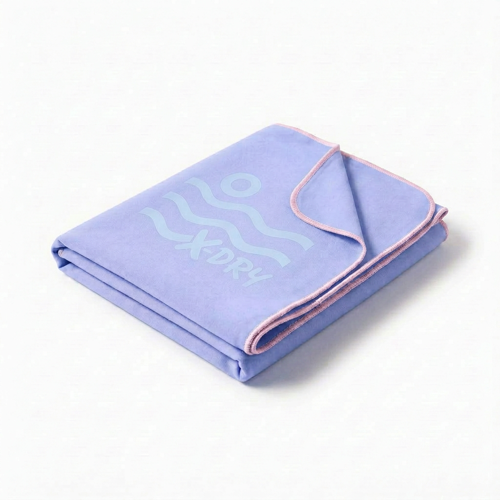 Folded lavender-blue towel with light-pink stitching