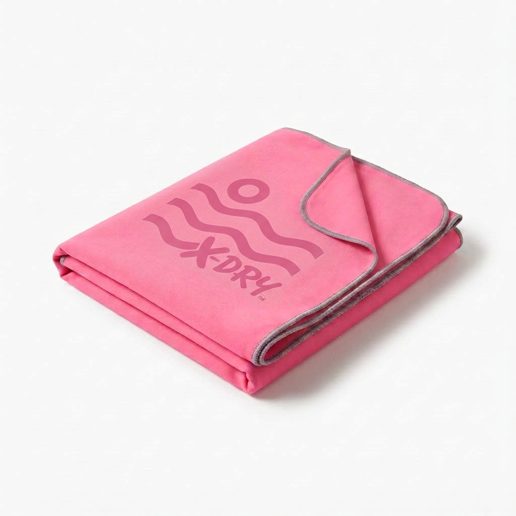 Folded pink towel with the full X-Dry logo visible