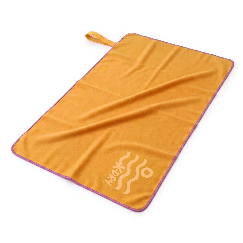 Fully spread golden-yellow towel with one loop