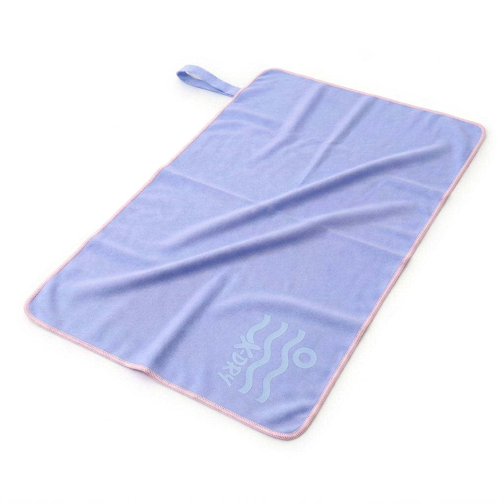 Fully spread lavender-blue towel with light-pink stitching
