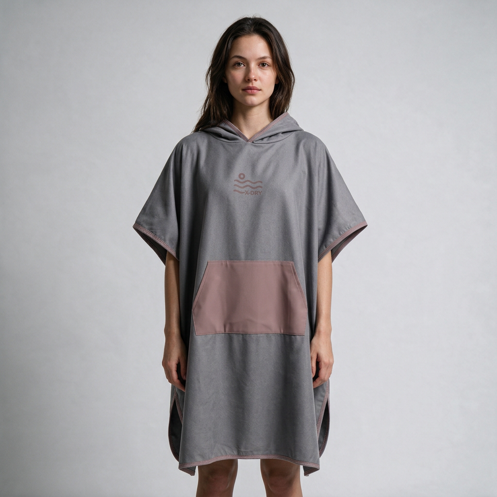 Gray and dusty-rose poncho on dark-haired woman