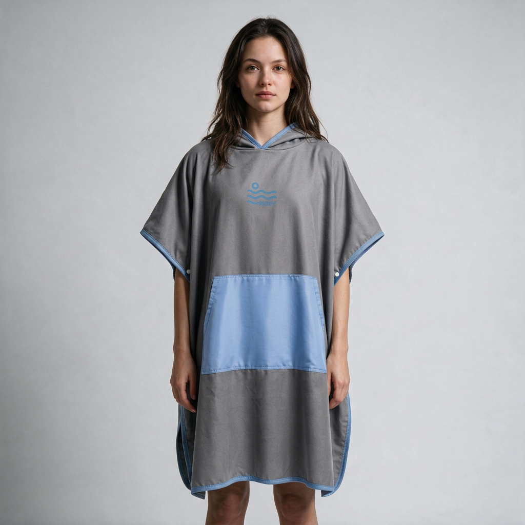 Gray and light-blue poncho on dark-haired woman