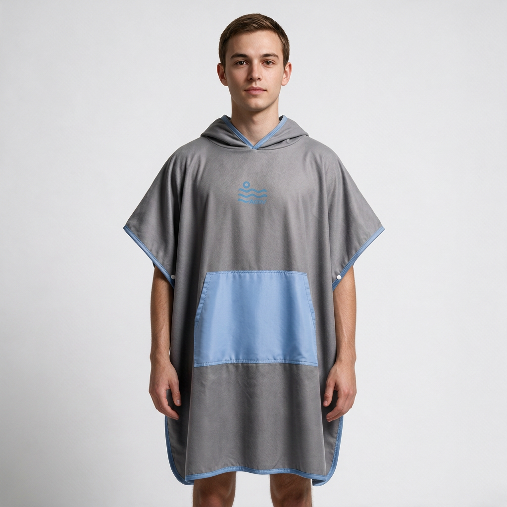 Gray and light-blue poncho on man