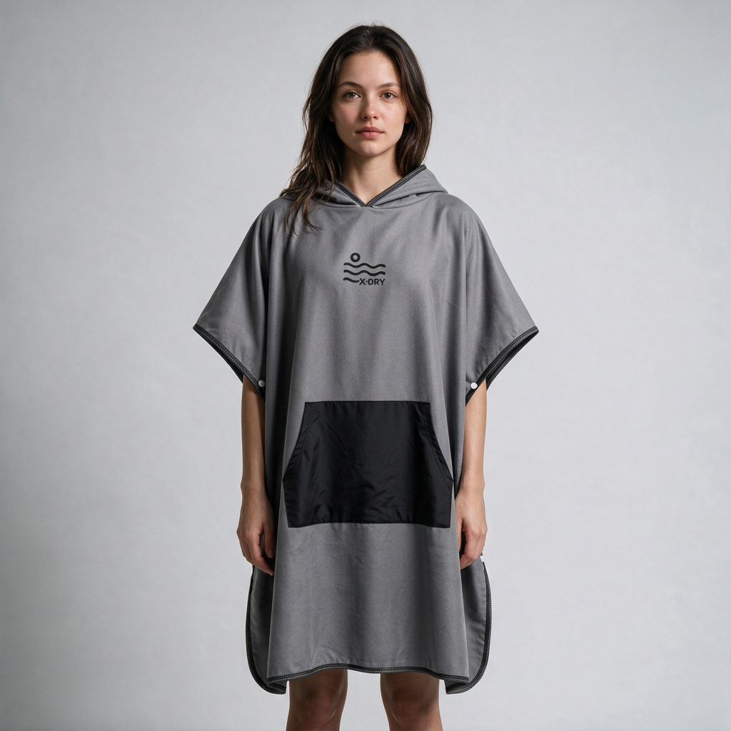 Gray poncho on dark-haired woman
