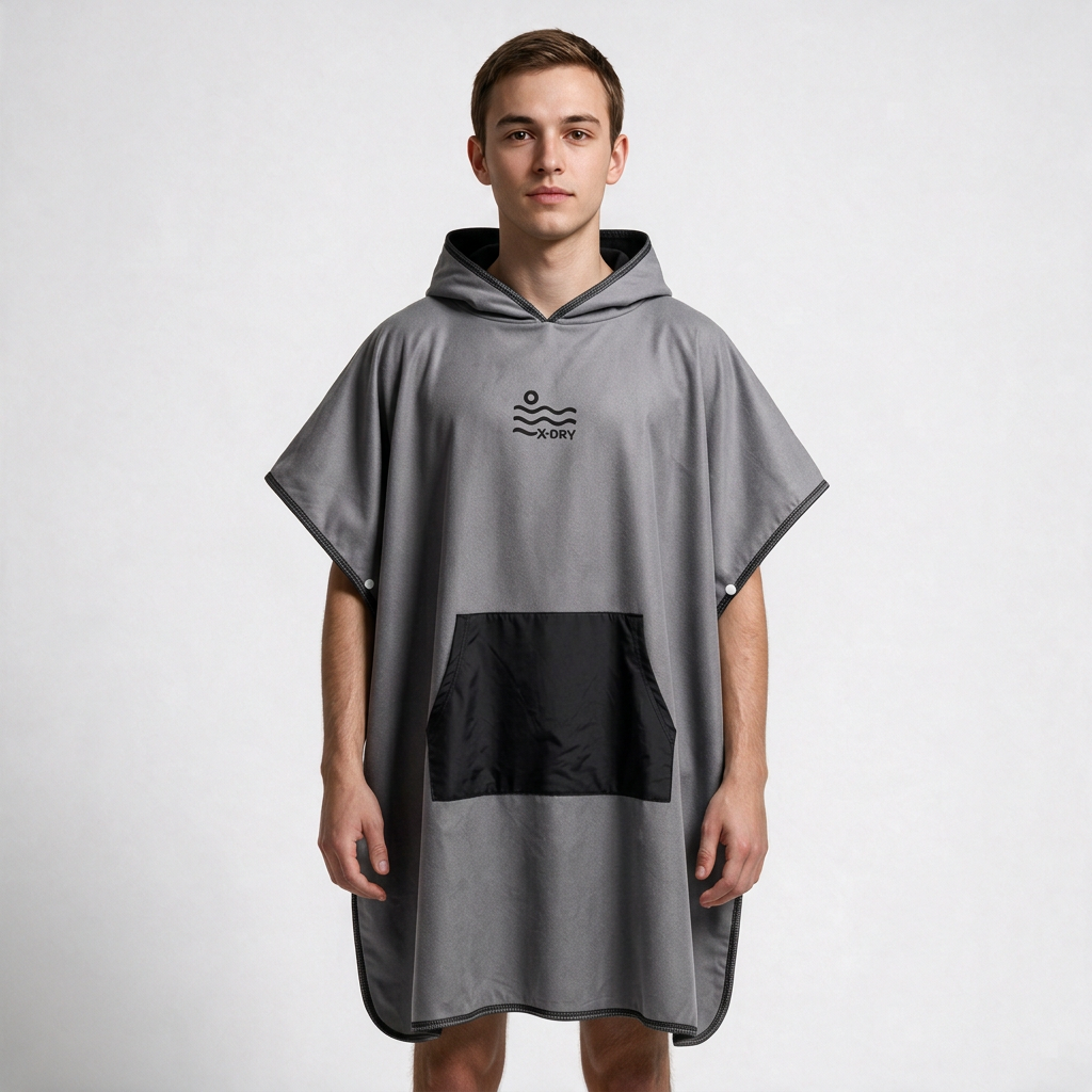 Gray poncho on man