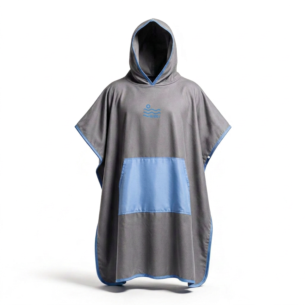 Gray poncho with blue pocket wrinkle retouch