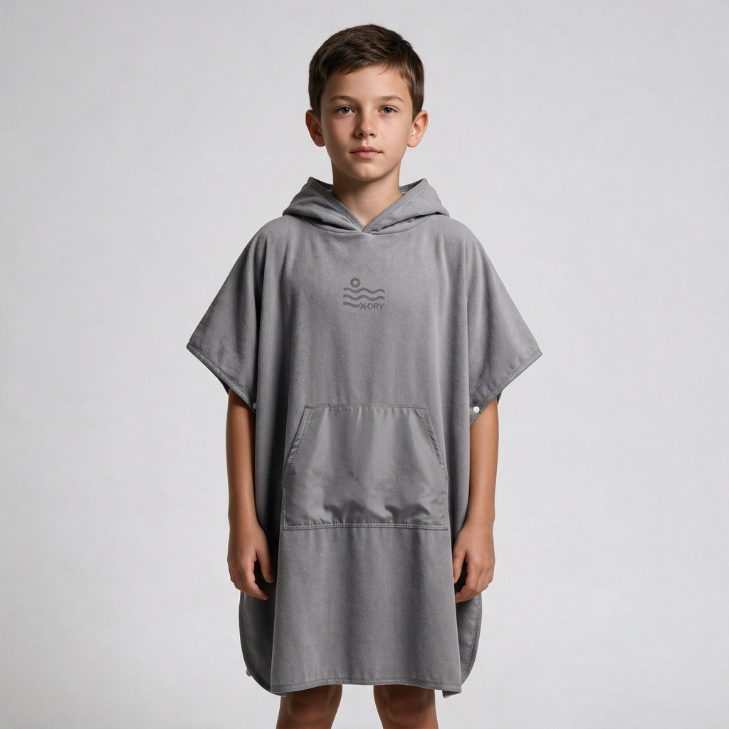 Gray poncho with gray pocket on boy