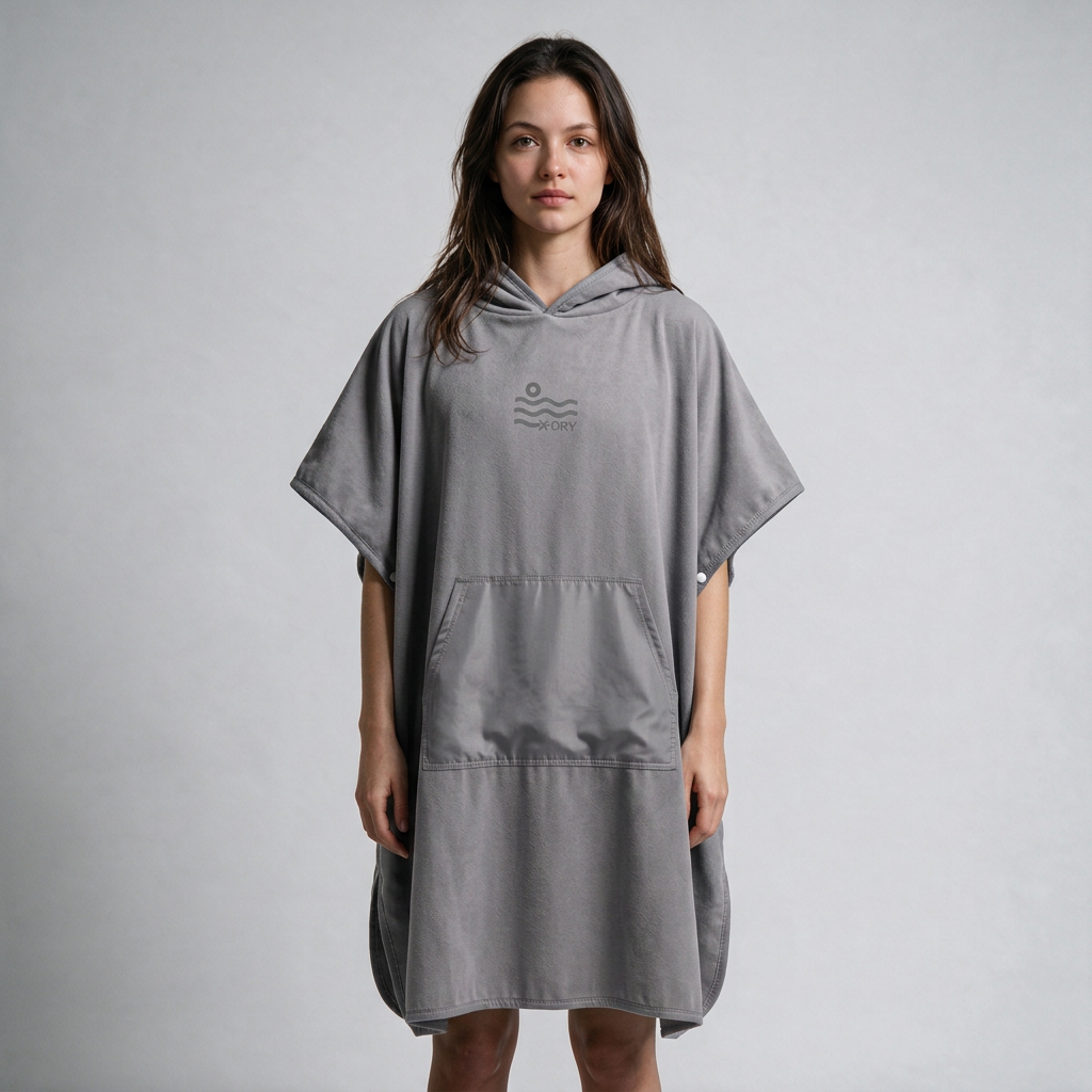 Gray poncho with gray pocket on dark-haired woman