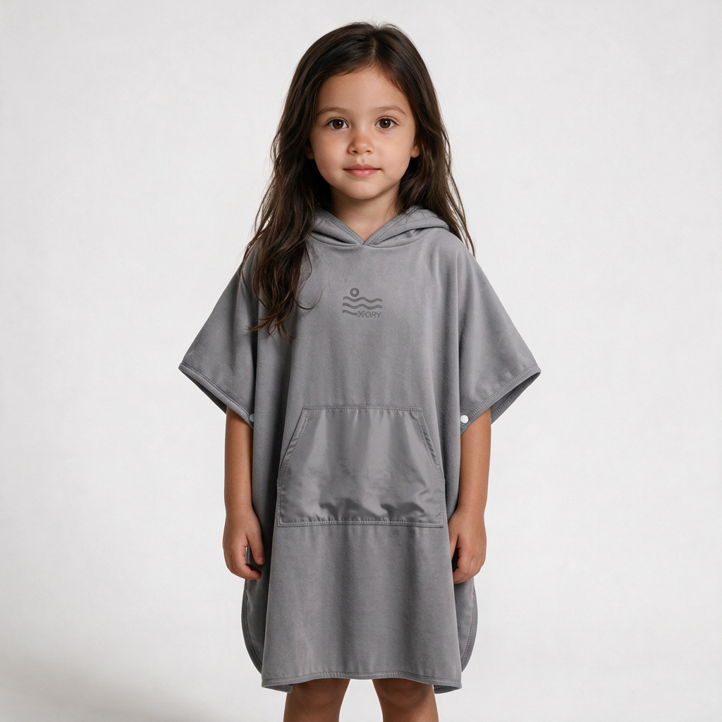 Gray poncho with gray pocket on little dark-haired girl
