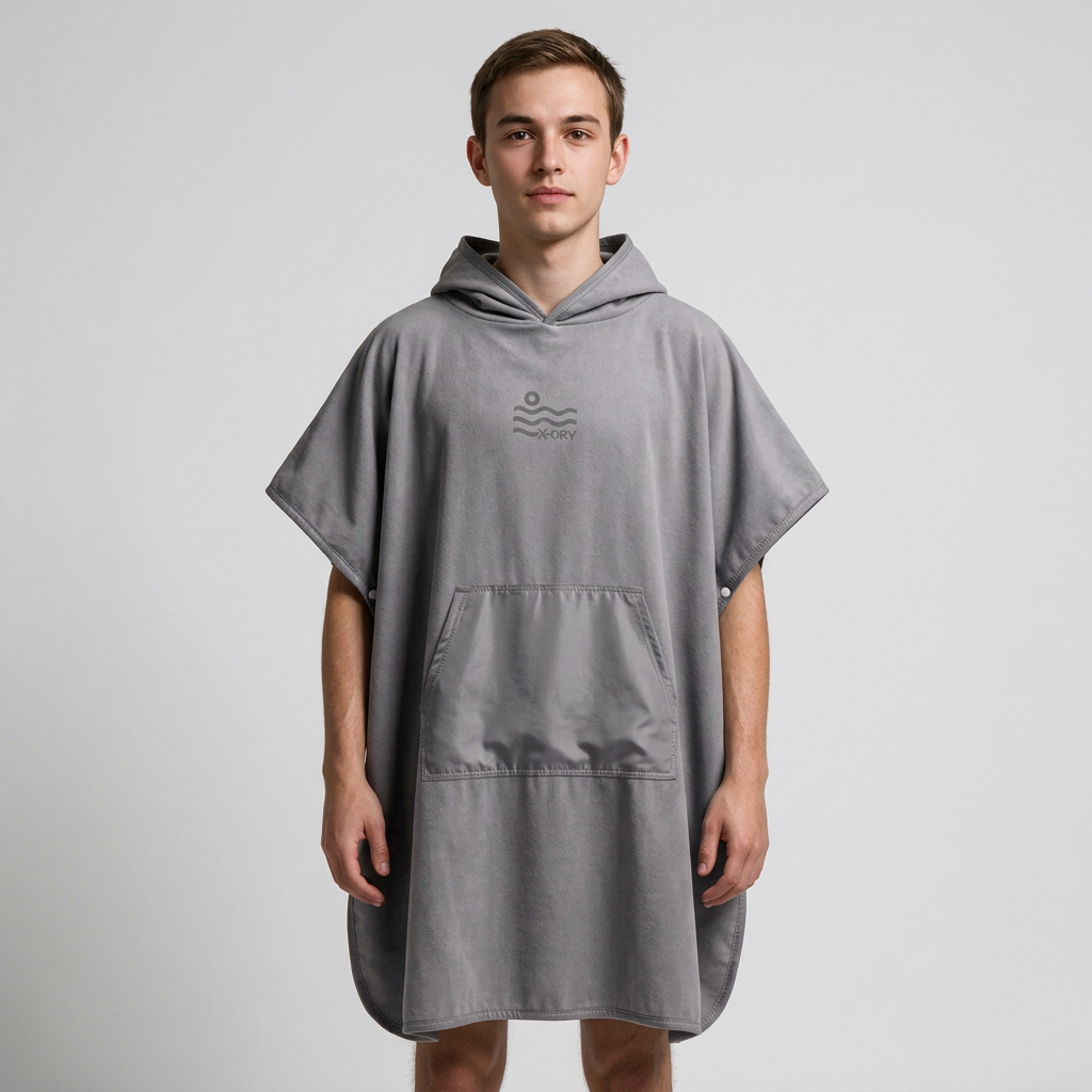 Gray poncho with gray pocket on man