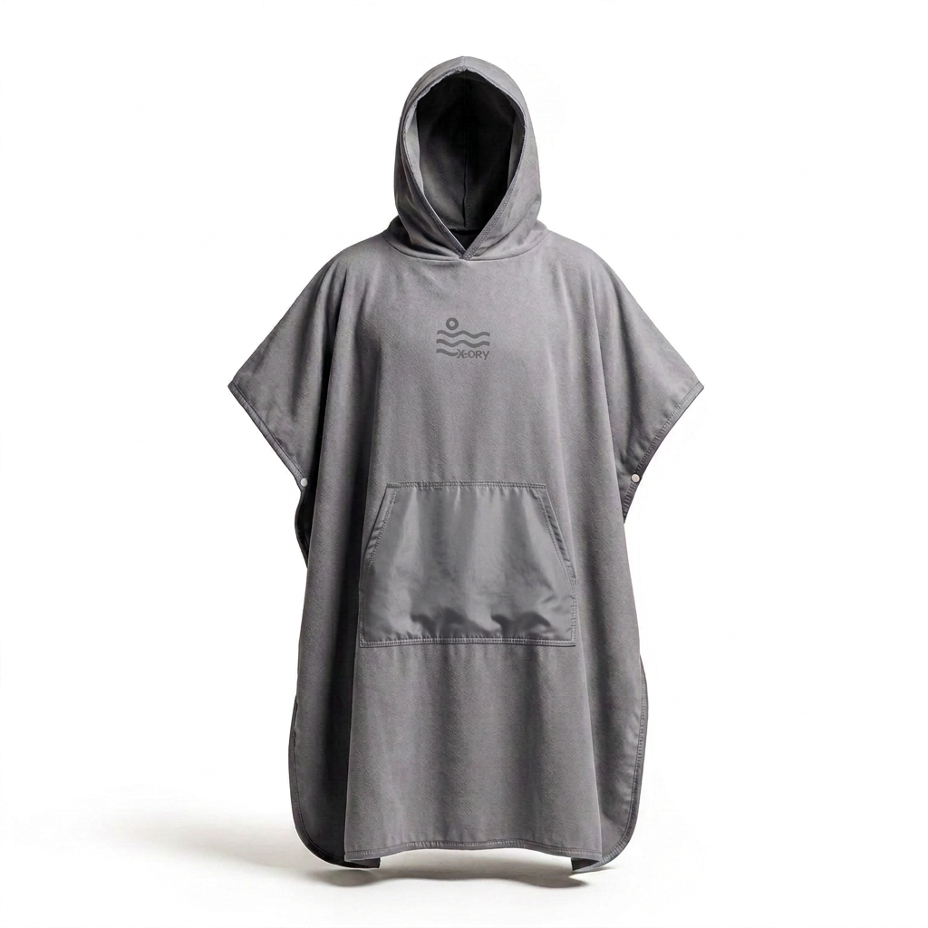 Gray poncho with gray pocket wrinkle retouch
