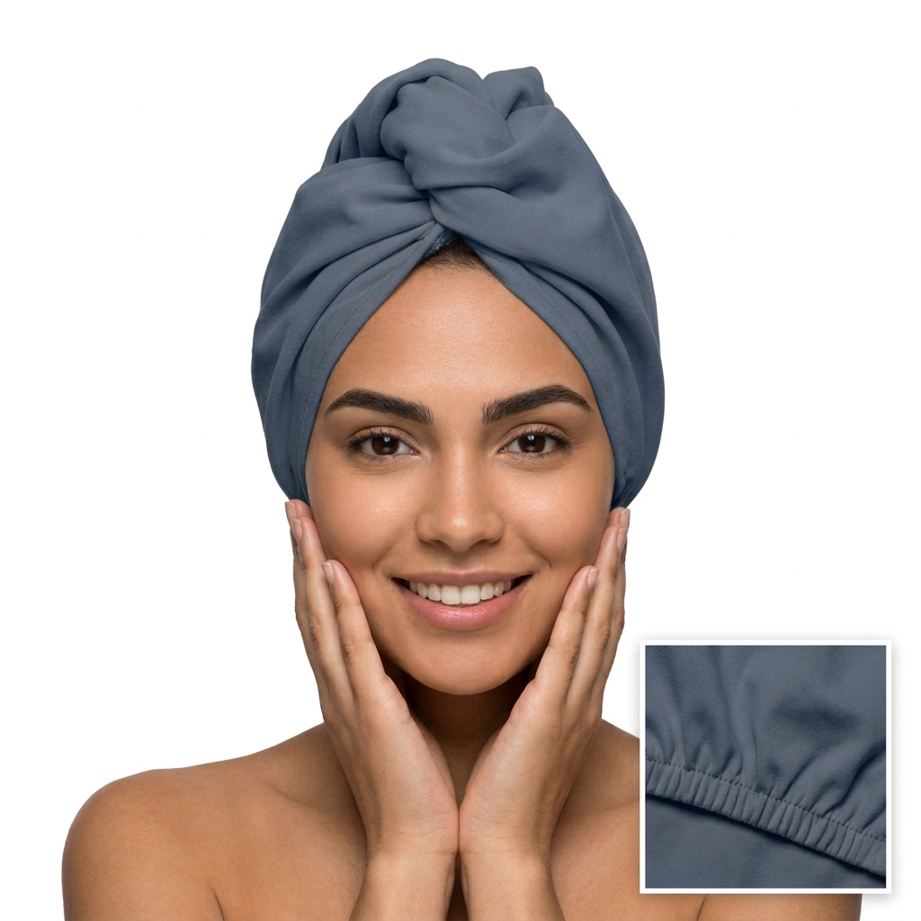 Hair towel in slate blue-gray with the same model pose and no text
