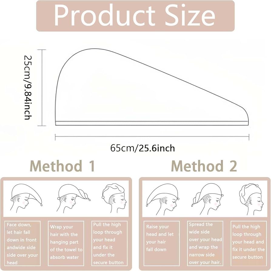 Product size chart with dimensions and usage instructions for a hair product.
