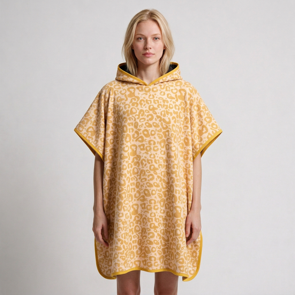 Leopard-print poncho on blonde woman