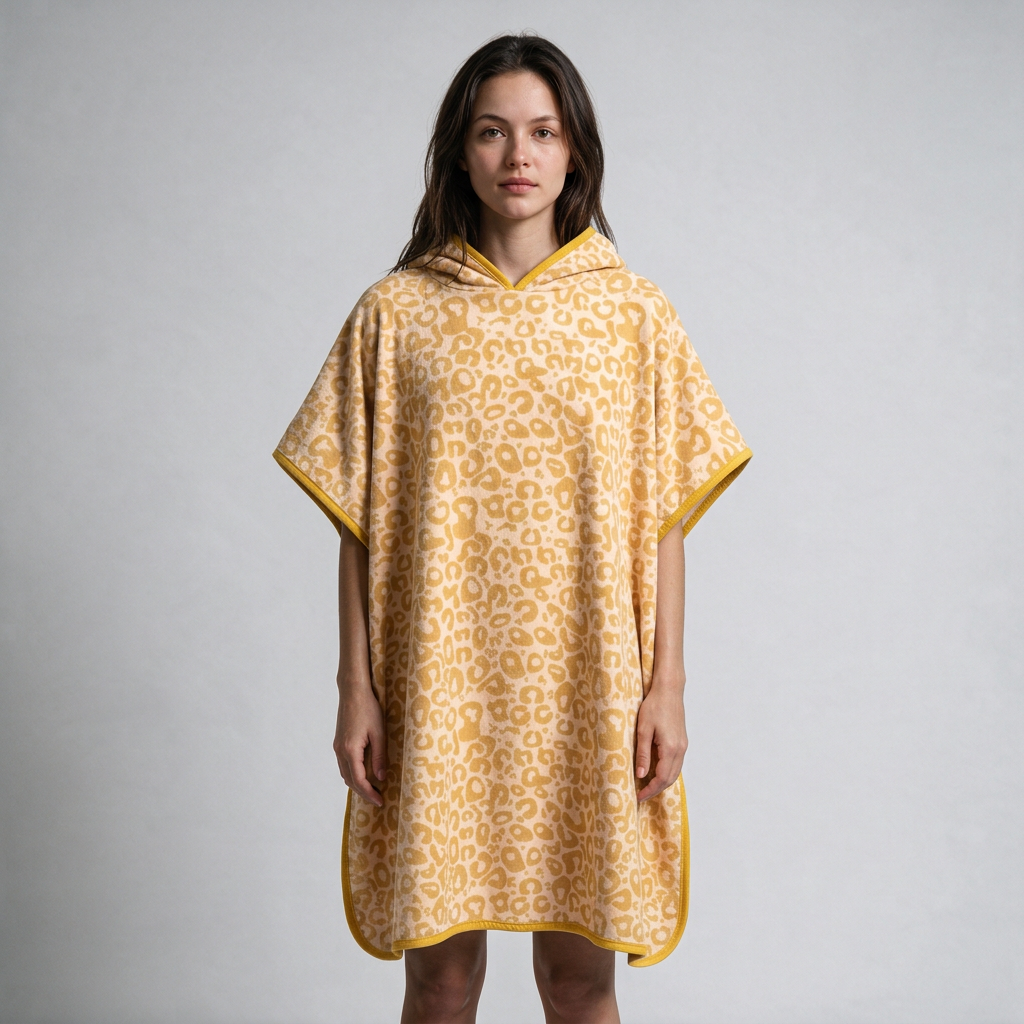 Leopard-print poncho on dark-haired woman