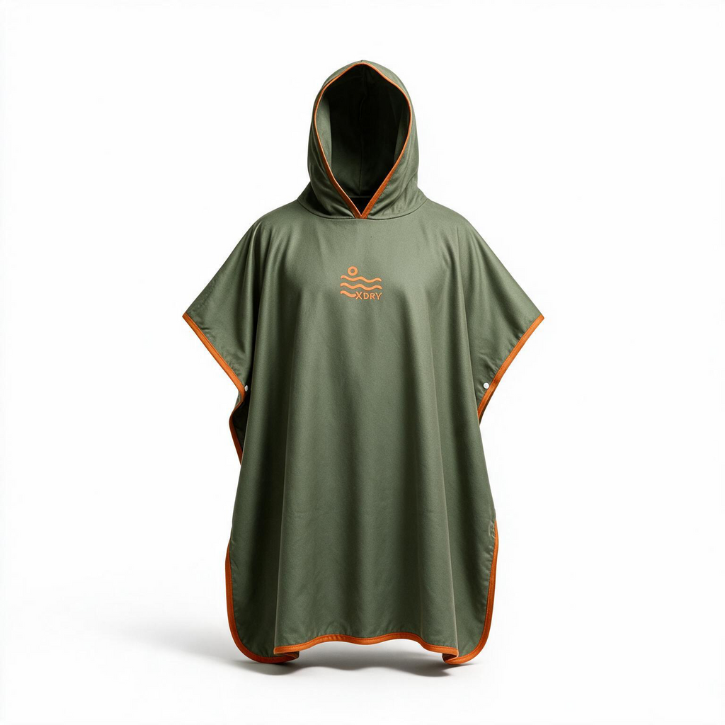 An olive green hooded rain poncho with orange trim and a small orange wave logo on the chest, displayed on a clean white background.