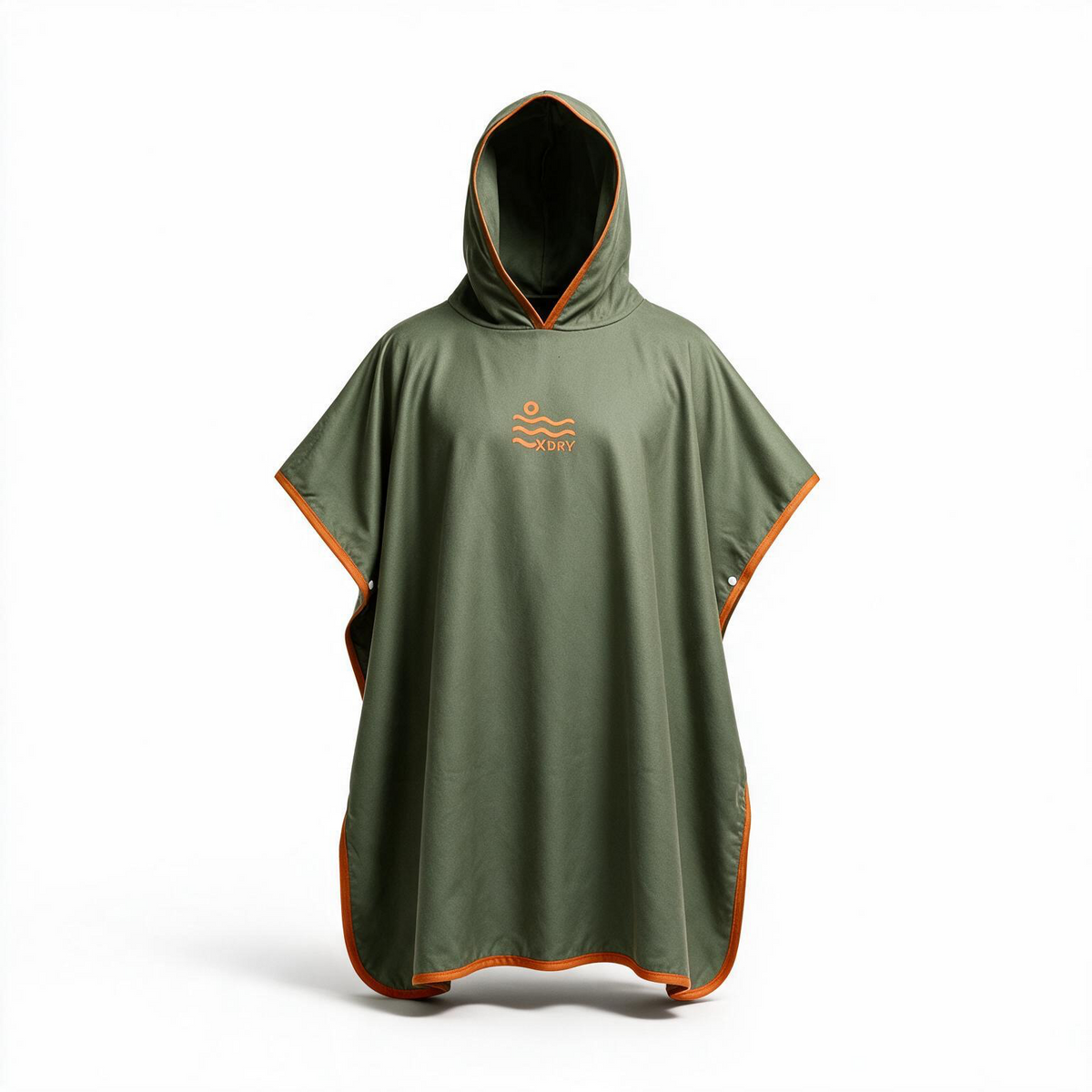 An olive green hooded rain poncho with orange trim and a small orange wave logo on the chest, displayed on a clean white background.