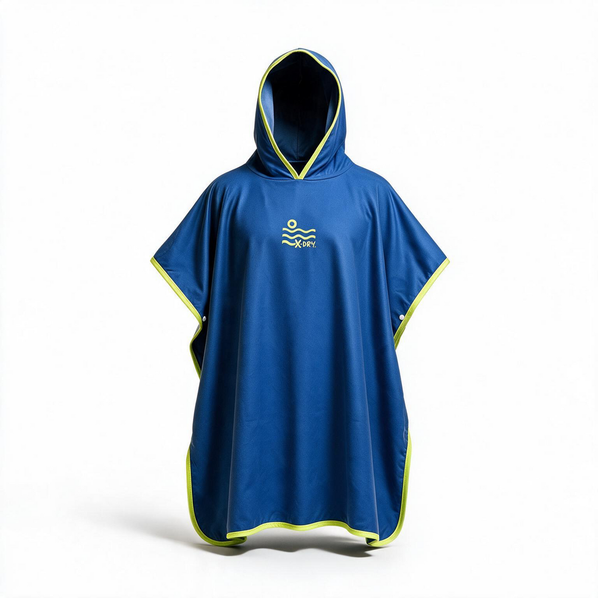 A royal blue hooded poncho with bright yellow-green trim and a small yellow wave logo on the chest, displayed on a clean white background.