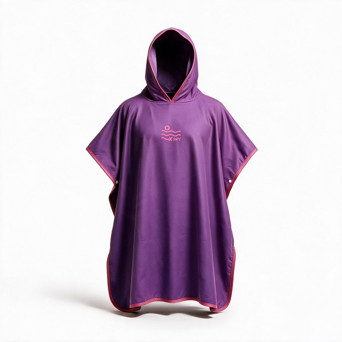 A purple hooded poncho with pink trim and a small pink wave logo on the chest, displayed on a white background.