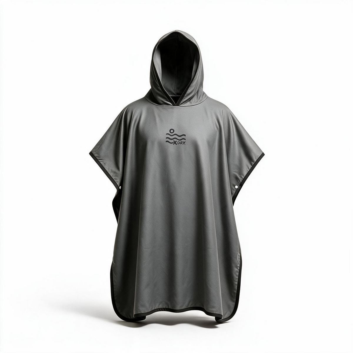 A dark gray hooded rain poncho with a small black wave logo on the chest, displayed on a clean white background.