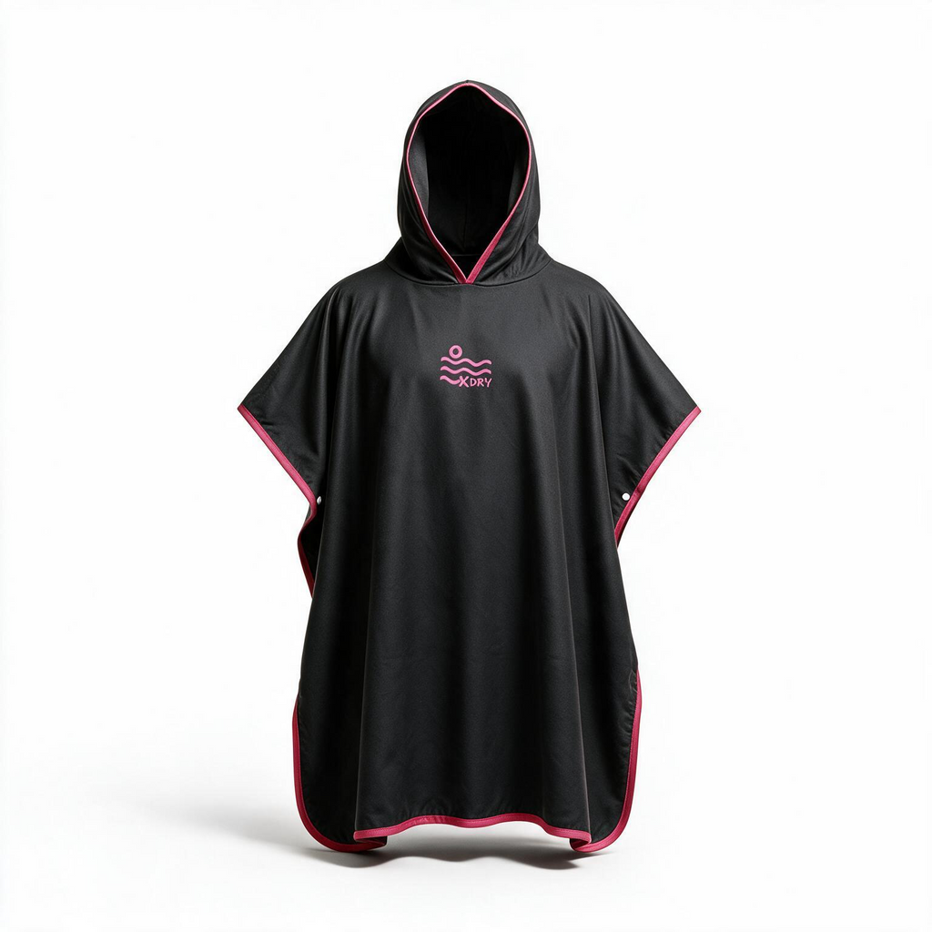 A black hooded poncho with pink trim and a pink wave logo on the chest, displayed on a white background.