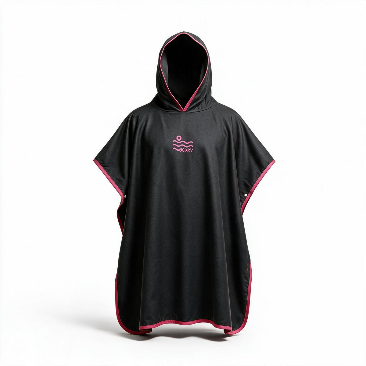 A black hooded poncho with pink trim and a pink wave logo on the chest, displayed on a white background.