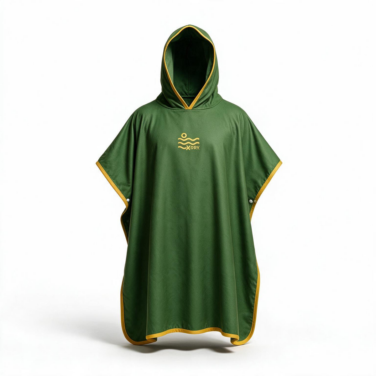A green hooded rain poncho with yellow trim and a gold logo on the chest, displayed on a white background.