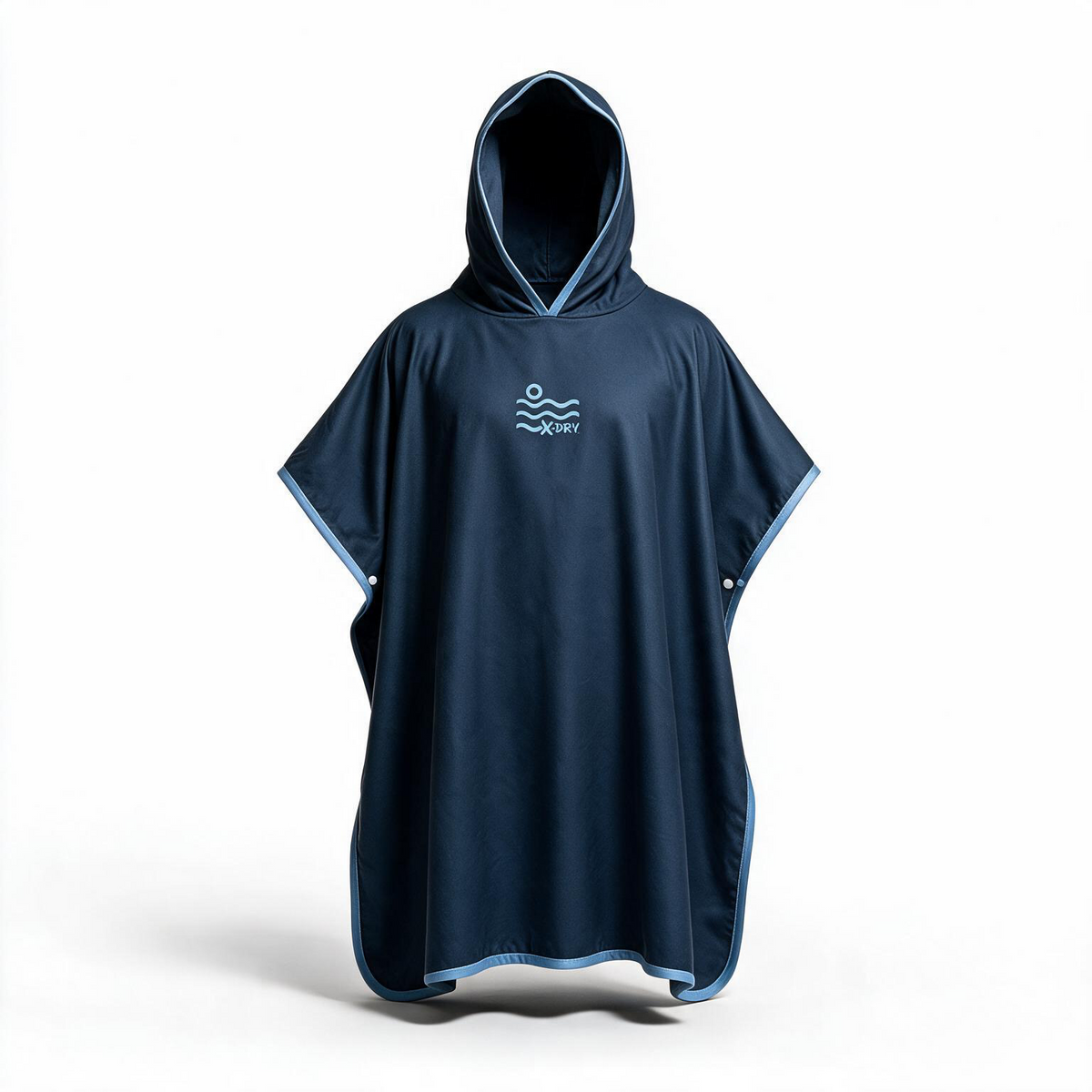 A navy blue hooded poncho with light blue trim and a white Arc'teryx logo on the chest, shown against a plain white background.