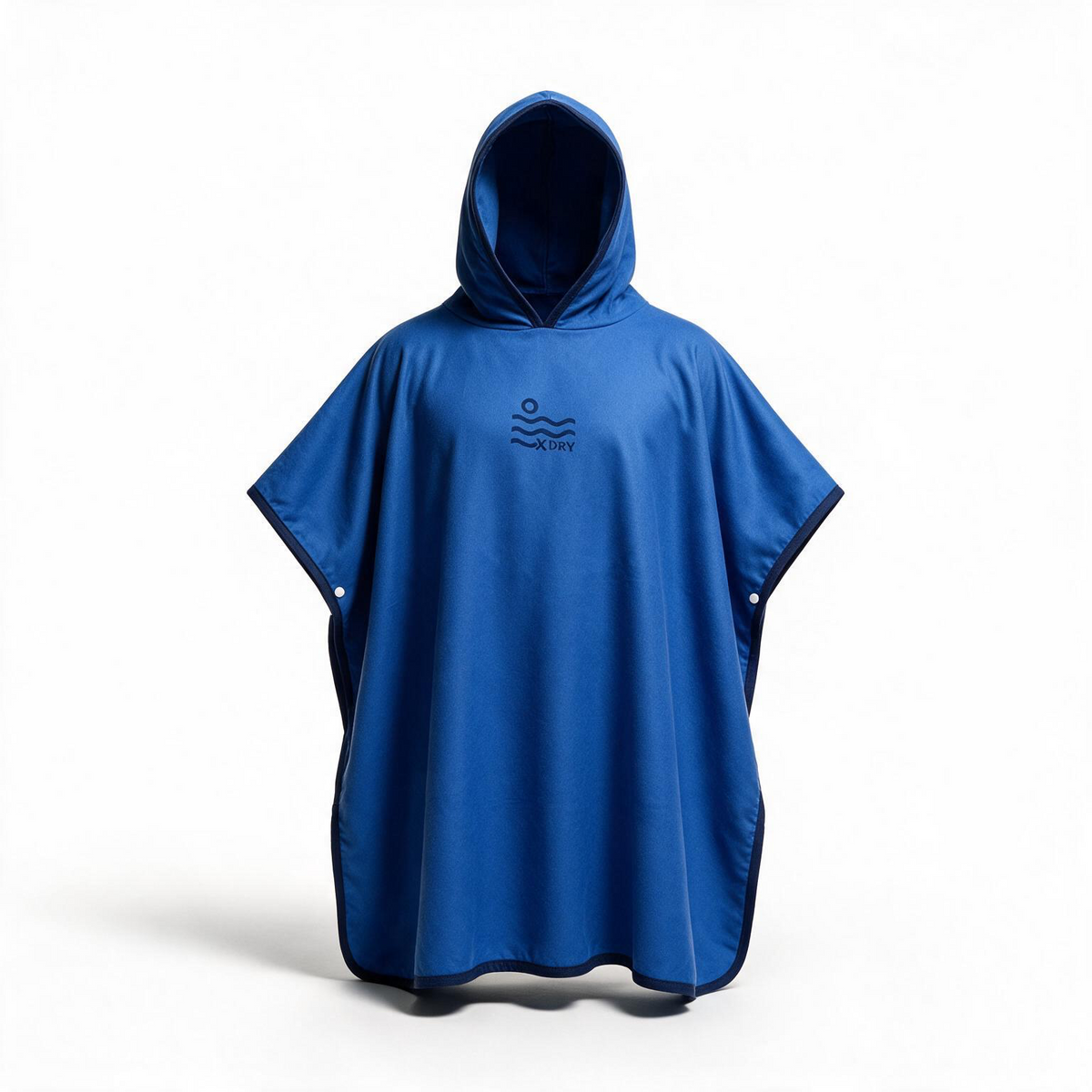 A royal blue hooded rain poncho with a small dark logo on the center chest, displayed on a clean white background.