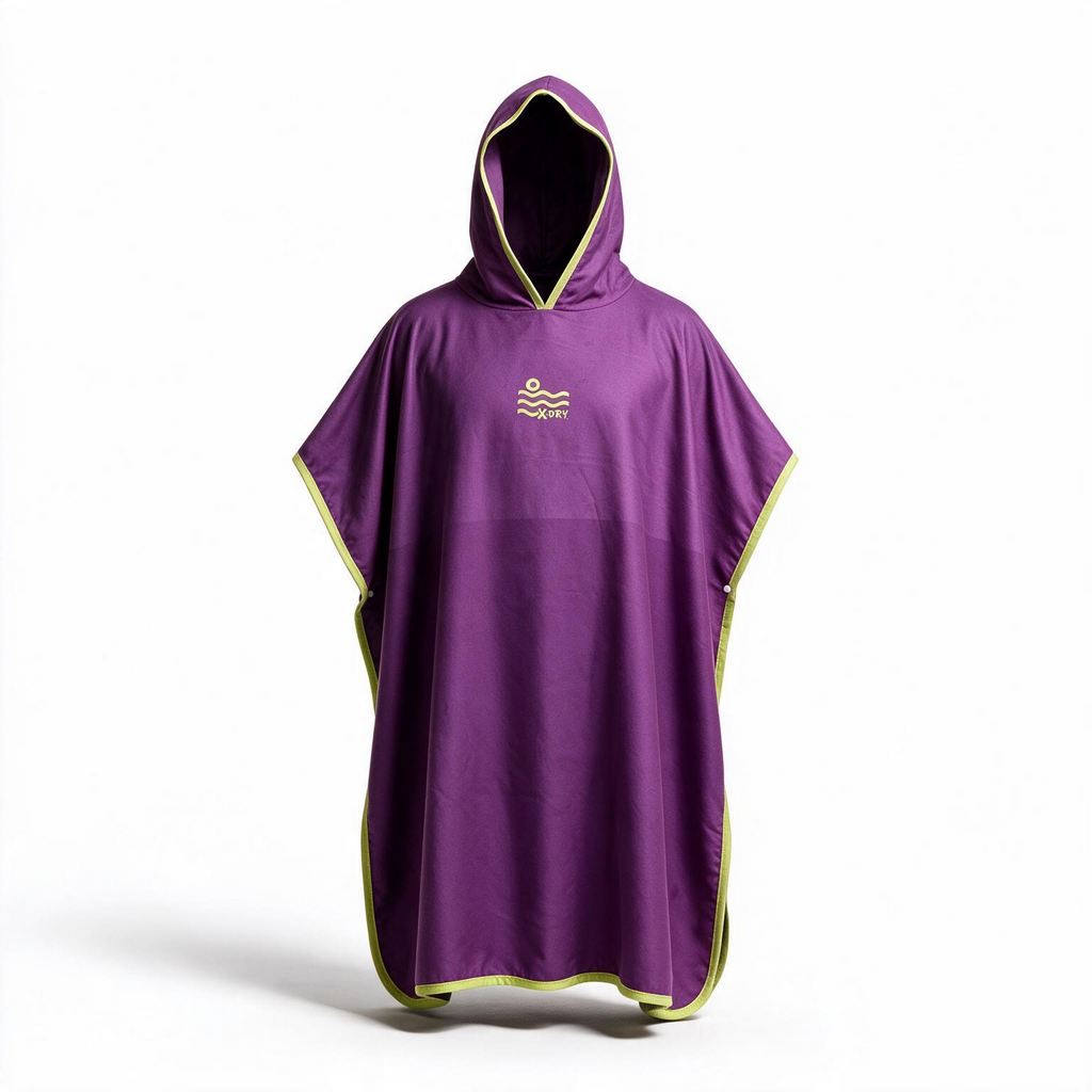 A purple hooded poncho with lime green trim and a small gold logo on the chest, displayed on a white background.